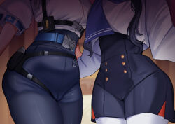 Rule 34 | 2girls, absurdres, belt, blue sailor collar, breasts, buttons, cameltoe, head out of frame, highres, holster, karin (a62826704), long sleeves, medium breasts, multiple girls, nijisanji, pants, pantyhose, ponto nei, sailor collar, shioriha ruri, shirt, short sleeves, shorts, virtual youtuber, white pantyhose, white shirt