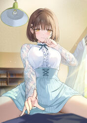 Rule 34 | 1girl, blue skirt, blunt bangs, blush, bob cut, breasts, brown hair, closed mouth, commentary request, copyright request, curtains, floral print, girl on top, highres, light particles, light rays, looking at viewer, medium breasts, pov, see-through, see-through sleeves, shirt, short hair, skirt, sunlight, tan (tangent), thighs, wavy mouth, white shirt, window, yellow eyes