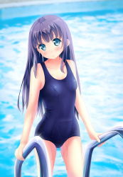 Rule 34 | 1girl, absurdres, blue eyes, blush, breasts, highres, kuro neko (yxmikan), long hair, looking at viewer, old school swimsuit, one-piece swimsuit, original, pool, pool ladder, purple hair, school swimsuit, small breasts, smile, solo, swimsuit