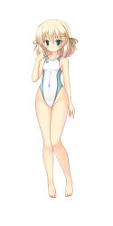 Rule 34 | 1girl, arena (company), barefoot, blonde hair, blush, breasts, collarbone, commentary request, competition swimsuit, covered navel, full body, green eyes, hair between eyes, highleg, highleg swimsuit, hizuki aki, logo, looking at viewer, negative space, one-piece swimsuit, original, short hair, simple background, small breasts, solo, swimsuit, white background, white one-piece swimsuit