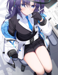 Rule 34 | belt, belt bag, blue archive, commentary request, fed (giba), gloves, hair ornament, halo, highres, id card, jacket, looking at viewer, necktie, paper, pen, purple eyes, school uniform, sitting, table, thighs, yuuka (blue archive)
