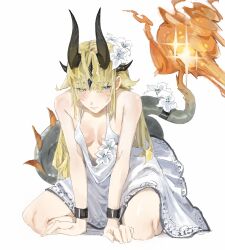 Rule 34 | 1girl, absurdres, arknights, bare shoulders, blonde hair, blue eyes, blush, breasts, dress, fire, flower, hair flower, hair ornament, highres, horns, long hair, monmon (sleepymonmon), reed (arknights), reed the flame shadow (arknights), simple background, sitting, small breasts, solo, tail, wariza, white background, white dress