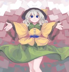 Rule 34 | 1girl, blouse, blue eyes, blush, buttons, collared shirt, diamond button, frilled shirt collar, frilled sleeves, frills, green skirt, grin, heart, heart in eye, highres, komeiji koishi, light green hair, long skirt, long sleeves, looking at viewer, medium hair, otama (jcts), outstretched arms, shirt, skirt, smile, solo, standing, symbol in eye, touhou, wavy hair, wide sleeves, yellow shirt