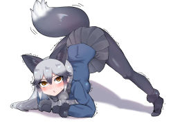 Rule 34 | 1girl, :o, animal ears, aramaru, arm support, black footwear, black gloves, black pantyhose, black skirt, blue jacket, blush, boots, bow, bowtie, breath, brown eyes, commentary, fox ears, fox tail, full body, fur-trimmed footwear, fur-trimmed sleeves, fur trim, gloves, grey hair, highres, jack-o&#039; challenge, jacket, kemono friends, long hair, long sleeves, looking at viewer, miniskirt, pantyhose, pleated skirt, shadow, silver fox (kemono friends), simple background, skirt, solo, spread legs, tail, top-down bottom-up, trembling, white background
