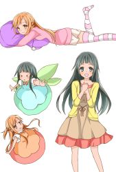 Rule 34 | 2girls, asuna (sao), bad id, bad pixiv id, black eyes, black hair, butterfly wings, child, dress, highres, hugging object, insect wings, long hair, looking at viewer, lying, mother and daughter, multiple girls, open mouth, orange eyes, orange hair, pillow, pillow hug, smile, sword art online, thighhighs, wings, yui (sao), zettai ryouiki