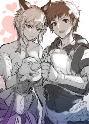 Rule 34 | 1boy, 1girl, animal ears, armor, bad id, bad twitter id, bare shoulders, breastplate, breasts, collarbone, detached sleeves, erune, faulds, gauntlets, golden knight (granblue fantasy), gran (granblue fantasy), granblue fantasy, greyscale, heart hands failure, hood, hooded sweater, kumakichi (cost-lost), large breasts, long sleeves, looking at viewer, monochrome, open mouth, short hair, sketch, smile, sweater, thumbs up