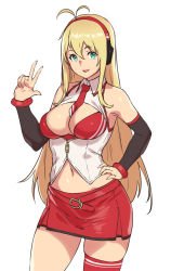 Rule 34 | 1girl, :d, ahoge, antenna hair, aqua eyes, bare shoulders, between breasts, blonde hair, breasts, cleavage, detached sleeves, hand on own hip, headphones, houtengeki, large breasts, long hair, looking at viewer, navel, necktie, open mouth, red thighhighs, simple background, single thighhigh, smile, solo, standing, thighhighs, tsurumaki maki, voiceroid, w, white background