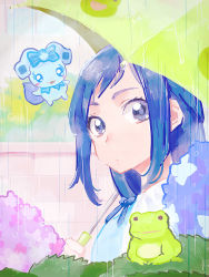 Rule 34 | 1girl, blue eyes, blue hair, dokidoki! precure, flower, frog, hishikawa rikka, hydrangea, kurochiroko, looking at viewer, precure, rain, rakeru (dokidoki! precure), umbrella