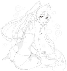 Rule 34 | 1girl, ass, asunogear, barefoot, bikini, breasts, butt crack, covered erect nipples, floating hair, greyscale, hair between eyes, hair ornament, hatsune miku, headphones, huge ass, long hair, medium breasts, monochrome, open mouth, side-tie bikini bottom, sideboob, sketch, soles, solo, swimsuit, thick thighs, thighs, twintails, very long hair, vocaloid, white background, wide hips