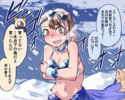 Rule 34 | 10s, 1girl, beatrix (granblue fantasy), bikini, bikini top only, breasts, brown eyes, brown hair, cleavage, cold, crossed arms, erune, eustace (granblue fantasy), eyewear on head, frilled bikini, frills, granblue fantasy, heavy breathing, jitome, long hair, navel, open mouth, sarong, smile, snow, solo focus, sunglasses, swimsuit, toritora, translated, trembling, upper body