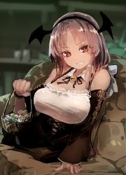 Rule 34 | &gt;:), 1girl, bare shoulders, bat wings, black dress, blurry, breasts, brown eyes, candy, depth of field, detached collar, detached sleeves, dress, food, foreshortening, futatsuki eru, grey hair, grin, hairband, halloween, head wings, large breasts, long hair, long sleeves, looking at viewer, lying, neck bell, neck ribbon, on side, original, picnic basket, ribbon, sidelocks, smile, solo, v-shaped eyebrows, wings, wrapped candy