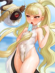 Rule 34 | 1girl, blonde hair, breasts, eitri (fire emblem), fire emblem, fire emblem heroes, food, hat, highleg, highleg swimsuit, highres, intelligent systems, licking, long hair, nintendo, one-piece swimsuit, popsicle, prehensile hair, red eyes, small breasts, solo, standing, sun hat, sweat, swimsuit, user ppkj7438, very long hair, white background, white one-piece swimsuit