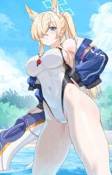 1girl animal_ear_fluff animal_ears blonde_hair blue_archive blue_eyes blue_jacket blush breasts closed_mouth commentary_request covered_navel day fangxiang_cuoluan hair_over_one_eye highleg highleg_one-piece_swimsuit highres jacket kanna_(blue_archive) kanna_(swimsuit)_(blue_archive) large_breasts lifebuoy long_sleeves official_alternate_costume one-piece_swimsuit one_eye_covered open_clothes open_jacket outdoors ponytail pool solo swim_ring swimsuit thighs water wet whistle whistle_around_neck white_one-piece_swimsuit