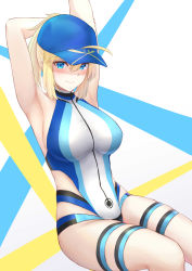 Rule 34 | 1girl, absurdres, ahoge, arm behind head, armpits, arms up, artoria pendragon (fate), bare shoulders, baseball cap, blonde hair, blue eyes, blue headwear, blue one-piece swimsuit, blush, breasts, closed mouth, competition swimsuit, cosplay, fate/grand order, fate (series), hair between eyes, hair through headwear, hat, highleg, highleg swimsuit, highres, large breasts, long hair, looking at viewer, mysterious heroine x (fate), mysterious heroine xx (fate), okuma707, one-piece swimsuit, ponytail, sidelocks, sitting, smile, swimsuit, thigh strap, thighs, tomoe gozen (fate), tomoe gozen (swimsuit saber) (fate), tomoe gozen (swimsuit saber) (fate) (cosplay), tomoe gozen (swimsuit saber) (first ascension) (fate), two-tone swimsuit, white one-piece swimsuit