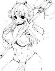 Rule 34 | 1girl, abs, axe, blush, breasts, horns, large breasts, loincloth, long hair, mofuringu, monochrome, monster girl, open mouth, solo, weapon