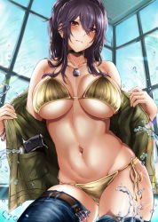 Rule 34 | 1girl, bare shoulders, belt, bikini, blue sky, bracelet, breasts, brown eyes, buckle, choker, clothes pull, collarbone, commentary request, cowboy shot, day, denim, gold bikini, green jacket, groin, gun, hair between eyes, handgun, has bad revision, has downscaled revision, highres, hikari (komitiookami), indoors, jacket, jeans, jewelry, large breasts, long hair, long sleeves, looking at viewer, md5 mismatch, navel, necklace, open fly, original, pants, pants pull, ponytail, purple hair, resolution mismatch, revision, side-tie bikini bottom, sidelocks, skindentation, sky, solo, source smaller, standing, stomach, swimsuit, undressing, water drop, weapon, wet, window