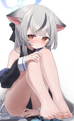 Rule 34 | 1girl, animal ear fluff, animal ears, barefoot, between thighs, black dress, blue archive, blush, brown eyes, china dress, chinese clothes, covering crotch, covering privates, dress, feet, grey hair, highres, knees to chest, knees up, kokona (blue archive), legs, long hair, looking at viewer, miniskirt, multicolored hair, namaonpa, sitting, skirt, sleeveless, sleeveless dress, solo, streaked hair, striped clothes, striped dress, thighs, tiger ears, tiger girl, toes, vertical-striped clothes, vertical-striped dress, very long hair, white background, white skirt