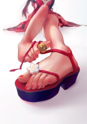 Rule 34 | 1girl, artist request, bare legs, between toes, blurry, depth of field, feet, foot focus, highres, holding with feet, honkai: star rail, honkai (series), legs, nail polish, sandals, simple background, sparkle (honkai: star rail), sweat, toenail polish, toenails, toes, white background
