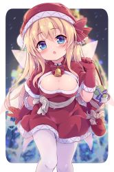Rule 34 | 1girl, :o, alternate costume, baku-p, bell, blonde hair, blue eyes, blurry, blurry background, blush, border, bow, bowtie, breasts, capelet, cleavage, cleavage cutout, clothing cutout, commentary request, dress, fairy wings, feet out of frame, gloves, hair between eyes, hat, head tilt, highres, lily white, long hair, looking at viewer, medium breasts, neck bell, night, open mouth, outside border, pantyhose, red bow, red bowtie, red capelet, red dress, red gloves, red hat, santa costume, santa hat, snowing, solo, standing, touhou, white border, white pantyhose, wings