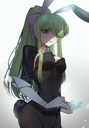 Rule 34 | 1girl, alternate costume, animal ears, black leotard, black pantyhose, bow, bowtie, breasts, c.c., card, code geass, creayus, detached collar, fake animal ears, green hair, holding, holding card, leotard, long hair, looking at viewer, medium breasts, pantyhose, parted lips, playboy bunny, ponytail, rabbit ears, rabbit tail, shrug (clothing), smile, solo, tail, teeth, yellow eyes, zipper