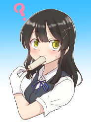 Rule 34 | 1girl, ?, absurdres, black hair, black vest, blue background, collared shirt, commentary request, dress shirt, food, food in mouth, gloves, gradient background, hair ornament, hairclip, highres, kantai collection, looking at viewer, minamino, oyashio (kancolle), popsicle, popsicle in mouth, shirt, solo, upper body, vest, white gloves, white shirt, yellow eyes