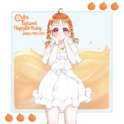 Rule 34 | 1girl, a chika-tastic summer (love live!), alternate hairstyle, antenna hair, aqua bow, artist name, artist request, bare legs, bare shoulders, blush, bow, bracelet, braid, breasts, cleavage, collarbone, dress, female focus, flower, food, frill trim, frilled dress, frilled skirt, frilled sleeves, frills, fruit, hair bow, hair flower, hair ornament, hand on own face, hands on own cheeks, hands on own face, highres, jewelry, looking at viewer, love live!, love live! school idol festival, love live! school idol festival all stars, love live! sunshine!!, miniskirt, nail, nail polish, necklace, off-shoulder dress, off shoulder, orange (fruit), orange hair, orange nails, parted lips, plaid, plaid dress, plaid skirt, pleated, pleated dress, pleated skirt, red eyes, short hair, short twintails, side braid, skirt, sleeveless, sleeveless dress, small breasts, smile, solo, sparkle, star (symbol), star necklace, sundress, takami chika, twin braids, twintails, white bow, white dress, white flower, white skirt