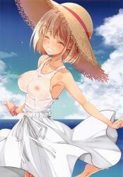 Rule 34 | 1girl, absurdres, blonde hair, blush, breasts, closed eyes, collarbone, dress, grin, hat, highres, izumi mahiru, large breasts, lycoris recoil, nipples, nishikigi chisato, no bra, ocean, outdoors, see-through, short hair, sky, sleeveless, smile, solo, straw hat, wet, wet clothes, white dress