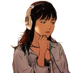 Rule 34 | 1girl, black hair, blue eyes, cable, commentary, english commentary, headphones, julia shii, lips, listening to music, long hair, musical note, nose, original, portrait, pursed lips, sad, sennheiser, solo, white background