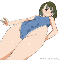 Rule 34 | 1girl, baba arumi, bare shoulders, blush, breasts, brown eyes, cameltoe, cleft of venus, covered navel, green hair, groin, highleg, highleg swimsuit, looking at viewer, lying, on back, one-piece swimsuit, original, simple background, small breasts, smile, solo, swimsuit, twintails, white background