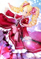 Rule 34 | 10s, 1girl, beatrice (re:zero), blonde hair, blue eyes, bow, butterfly-shaped pupils, capelet, dress, drill hair, full body, hair ribbon, high heels, highres, long hair, looking at viewer, maokezi, neck ribbon, outstretched arms, pantyhose, pink ribbon, re:zero kara hajimeru isekai seikatsu, red bow, red dress, red footwear, ribbon, shoes, solo, striped clothes, striped pantyhose, striped ribbon, symbol-shaped pupils, twin drills