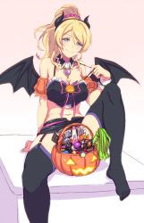 Rule 34 | &gt;:), 10s, 1girl, ayase eli, basket, bat wings, between legs, blonde hair, blue eyes, breasts, candy, cleavage, crop top, cross-laced clothes, demon horns, detached collar, detached sleeves, fake horns, flogger, food, garter straps, hair between eyes, halloween, horns, jack-o&#039;-lantern, large breasts, leg up, looking at viewer, love live!, love live! school idol festival, love live! school idol project, microskirt, midriff, navel, neck ribbon, osr hugo, pink background, pink ribbon, ponytail, puffy short sleeves, puffy sleeves, ribbon, scrunchie, short sleeves, sitting, skirt, solo, spread legs, strap pull, thighhighs, toes, v-shaped eyebrows, wings
