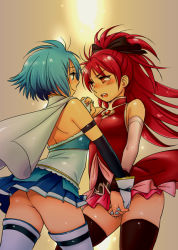 Rule 34 | 10s, 2girls, ass, back, bad id, bad pixiv id, bare shoulders, blue eyes, blue hair, blush, cape, closed mouth, couple, elbow gloves, embarrassed, eye contact, female focus, gloves, holding hands, interlocked fingers, long hair, looking at another, mahou shoujo madoka magica, mahou shoujo madoka magica (anime), miki sayaka, multiple girls, no panties, open mouth, ponytail, red eyes, red hair, round teeth, saida nika, sakura kyoko, short hair, skirt, smile, standing, tears, teeth, thighhighs, yuri