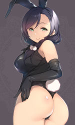 Rule 34 | 1girl, animal ears, ass, black gloves, breasts, closed mouth, duke (inu daimyou), elbow gloves, fake animal ears, gloves, green eyes, hair ornament, hair scrunchie, large breasts, leotard, long hair, looking at viewer, love live!, love live! school idol project, playboy bunny, rabbit ears, rabbit tail, scrunchie, smile, solo, tail, tojo nozomi, white scrunchie
