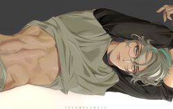 Rule 34 | 1boy, abs, absurdres, alhaitham (genshin impact), alternate costume, aqua eyes, aqua hair, black shirt, chadetteisgiga, closed mouth, genshin impact, glasses, grey background, grey hair, grey shirt, highres, long sleeves, male focus, multicolored background, multicolored shirt, shirt, short hair, solo, white background