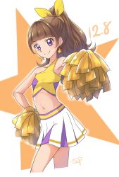 Rule 34 | 1girl, amanogawa kirara, asymmetrical clothes, bare shoulders, blunt bangs, bow, breasts, brown hair, cheerleader, chocokin, collarbone, cropped legs, dated, earrings, go! princess precure, hair bow, high ponytail, jewelry, long hair, midriff, miniskirt, navel, pleated skirt, pom pom (cheerleading), precure, purple eyes, shirt, signature, single-shoulder shirt, skirt, sleeveless, small breasts, solo, standing, star (symbol), star earrings, stomach, white background, white skirt, yellow bow