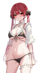 Rule 34 | 1girl, absurdres, bikini, black bikini, breasts, bridal garter, chest harness, choker, cleavage, closed mouth, cowboy shot, detached sleeves, frilled bikini, frills, front-tie bikini top, front-tie top, frown, gluteal fold, hair ribbon, harness, heterochromia, highres, hololive, houshou marine, kudou (sikisiki0000), large breasts, long hair, looking at viewer, navel, red eyes, red hair, ribbon, see-through, see-through sleeves, short sleeves, side-tie bikini bottom, skindentation, solo, standing, stomach, string bikini, swimsuit, thigh strap, twintails, very long hair, virtual youtuber, white choker, yellow eyes