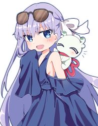Rule 34 | 1girl, :d, bare shoulders, blue dress, blue eyes, blush, breasts, chibi, dress, fate/grand order, fate (series), long hair, meltryllis (fate), open mouth, purple hair, rabiiandrain, sleeves past fingers, sleeves past wrists, small breasts, smile, very long hair, white background