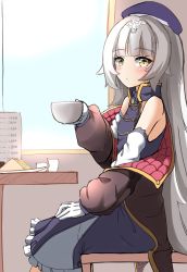 Rule 34 | 1girl, absurdres, azur lane, bad id, bad twitter id, bare shoulders, beret, blue dress, blue hat, blush, brown jacket, chair, closed mouth, commentary request, cup, day, dress, food, frilled dress, frills, from side, gloves, grey hair, hat, headpiece, highres, holding, holding cup, indoors, jacket, long hair, long sleeves, looking at viewer, looking to the side, moyoron, off shoulder, on chair, open clothes, open jacket, plate, puffy long sleeves, puffy sleeves, sandwich, sitting, sleeves past wrists, solo, table, very long hair, white gloves, window, yellow eyes, z46 (azur lane)