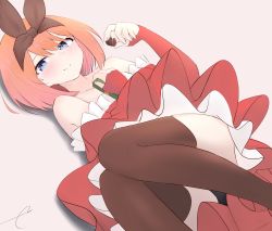 Rule 34 | 1girl, bare shoulders, black panties, blue eyes, blush, box, brown background, brown ribbon, brown thighhighs, candy, chocolate, chocolate heart, closed mouth, commentary request, dress, elbow gloves, eyebrows hidden by hair, feet out of frame, food, gift, gift box, gloves, go-toubun no hanayome, hair between eyes, hair ribbon, hand up, heart, highres, holding, holding food, holding gift, kujou karasuma, looking at viewer, lying, nakano yotsuba, on back, panties, red dress, red gloves, ribbon, shadow, signature, smile, solo, strapless, strapless dress, thighhighs, underwear, valentine