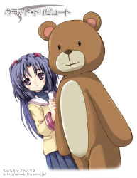 Rule 34 | 00s, 1girl, animal costume, bear costume, clannad, dutch angle, hair bobbles, hair ornament, hiding, ichinose kotomi, long hair, looking at viewer, oversized object, parted bangs, peeking out, purple hair, school uniform, shy, simple background, sleeve cuffs, tomusooya, two side up, very long hair, white background