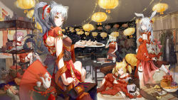 Rule 34 | 5girls, absurdres, animal ear fluff, animal ears, arknights, arm at side, back bow, back cutout, bare shoulders, blonde hair, blue eyes, blue poison (arknights), bodhi wushushenghua, bottle, bow, bowl, breasts, china dress, chinese clothes, chinese commentary, city lights, cleavage cutout, closed mouth, clothes hanger, clothing cutout, commentary request, cross-laced clothes, crossed legs, cup, curtains, detached sleeves, doctor (arknights), dress, fishnet legwear, fishnets, foot up, frostnova (arknights), green eyes, grey eyes, grey hair, hair bow, hair ornament, hair ribbon, hairclip, hand fan, hand up, highres, holding, holding lantern, holding microphone, holding plate, indoors, kal&#039;tsit (arknights), lantern, long hair, looking at viewer, looking back, looking to the side, medium breasts, medium hair, microphone, multiple girls, night, off shoulder, one eye closed, open mouth, parted bangs, parted lips, pelvic curtain, pink hair, plate, ponytail, rabbit ears, railing, red dress, red eyes, ribbon, scarf, schwarz (arknights), short sleeves, sitting, small breasts, socks, sora (arknights), standing, table, teacup, teapot, the emperor (arknights), thighlet, v, white legwear, yellow eyes