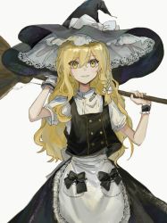 Rule 34 | 1girl, apron, black bow, black hat, black skirt, black vest, blonde hair, blush, bow, braid, broom, buttons, cowboy shot, gloves, hair between eyes, hair bow, hat, hat bow, highres, holding, holding broom, kirisame marisa, long hair, looking at viewer, parted lips, puffy sleeves, queweizi, shirt, simple background, single braid, single glove, single wrist cuff, skirt, skirt set, smile, solo, touhou, very long hair, vest, waist apron, white apron, white background, white bow, white gloves, white shirt, witch hat, wrist cuffs, yellow eyes