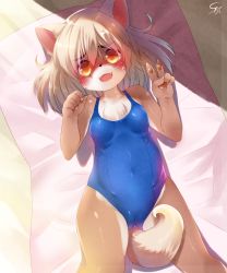 Rule 34 | 1girl, brown eyes, dog, female focus, furry, furry female, highres, lying, one-piece swimsuit, open mouth, school swimsuit, solo, swimsuit, toba hiyoko, v, white hair