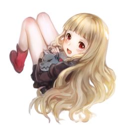 Rule 34 | 1girl, bare legs, blonde hair, blunt bangs, blush, boots, brown dress, dress, full body, holding, holding stuffed toy, long hair, long sleeves, looking at viewer, open mouth, red eyes, red footwear, red riding hood (sinoalice), short dress, simple background, sinoalice, solo, stuffed animal, stuffed dog, stuffed toy, teeth, teroru, upper teeth only, white background