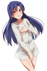Rule 34 | 1girl, :d, blue hair, blush, brown eyes, coat, collarbone, covering privates, covering breasts, covering crotch, dars (recolors), dutch angle, floating hair, hair between eyes, idolmaster, idolmaster (classic), kisaragi chihaya, long hair, naked coat, open mouth, see-through, shiny skin, simple background, sketch, smile, solo, standing, very long hair, white background