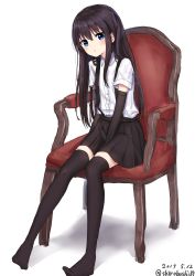 Rule 34 | 1girl, absurdres, arm warmers, asashio (kancolle), black hair, black skirt, black thighhighs, blue eyes, chair, dated, full body, gantan, highres, kantai collection, long hair, looking at viewer, no shoes, pleated skirt, school uniform, shirt, short sleeves, simple background, sitting, skirt, solo, suspenders, thighhighs, twitter username, white background, white shirt