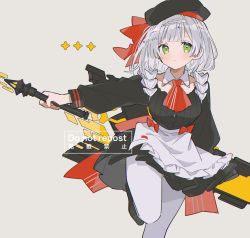 Rule 34 | 1girl, apron, ascot, back bow, beret, black dress, black hat, bow, braid, collarbone, commentary request, detached collar, dress, genshin impact, green eyes, grey background, grey hair, hat, hat bow, highres, holding, holding sword, holding weapon, kfc, medium hair, noelle (genshin impact), noelle (kfc) (genshin impact), pantyhose, red ascot, red bow, simple background, solo, sword, the unforged (genshin impact), waist bow, weapon, white apron, white pantyhose, yayoripain
