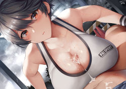 Rule 34 | 1boy, 1girl, bare shoulders, belko, black hair, blush, breasts, breasts squeezed together, brown eyes, censored, cleavage, collarbone, cum, hetero, highres, large breasts, looking at viewer, mosaic censoring, open mouth, paizuri, paizuri under clothes, penis, penis under another&#039;s clothes, short hair, sports bra, swept bangs