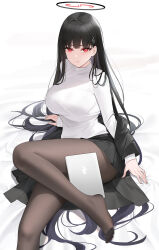 Rule 34 | 1girl, black hair, black pantyhose, black skirt, blue archive, breasts, hair ornament, hairpin, halo, highres, large breasts, long hair, long sleeves, looking at viewer, pantyhose, parted lips, pleated skirt, qing wu, red eyes, rio (blue archive), sitting, skirt, solo, sweater, tablet pc, turtleneck, turtleneck sweater, white sweater