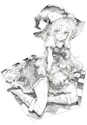 Rule 34 | 1girl, absurdres, alternate hair length, alternate hairstyle, apron, bad id, bad pixiv id, braid, dress, graphite (medium), greyscale, hat, highres, kirisame marisa, long hair, looking at viewer, monochrome, open mouth, oshake, puffy sleeves, shirt, short sleeves, single braid, sitting, solo, tile floor, tiles, touhou, traditional media, very long hair, waist apron, witch hat, wrist cuffs